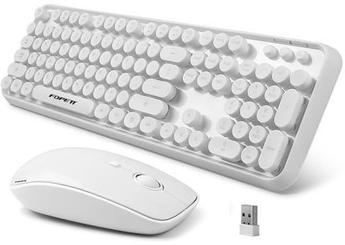 FOPETT Combo tastiera e mouse wireless, 2,4 G, tastiera bianca con tasti rotondi, 104 tasti, tastiera per computer portatile/Windows/PC, bianco