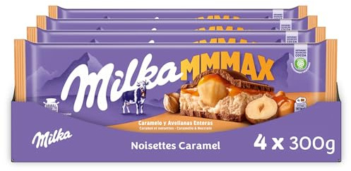 MILKA - 4 Tablettes de Chocolat au Lait Milka MMMAX Caramel Noisettes 300g - Chocolat au Tendre Lait du Pays Alpin - Lot de Tablettes de Chocolat Milka Caramel Noisettes - Lot de 4x300g