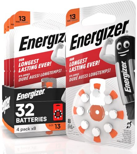 Lot de 32 piles acoustiques énergétiques pour appareils auditifs pour écouteurs taille 13 orange – 4 ampoules de 8 piles