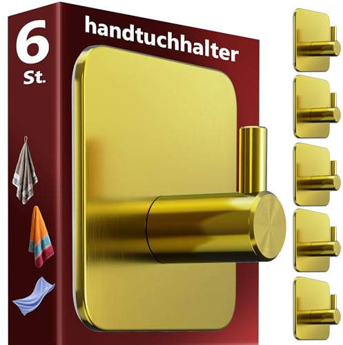 Menz Handtuchhalter ohne Bohren, klassische Klebehaken, 6er Set, Golden | Klebehaken aus wasserfestem 304 Edelstahl, für Badezimmerfliesen, 10 kg Tragkraft, Haken selbstklebend für Bad und Küche