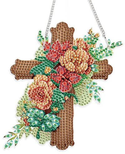 JISHSHAY Diamond Art Hanging Diamond Painting Sun Catchers Gem Art Table Wind Chimes Gem Painting Hanging Pendant Mosaic Kits for Adults Suncatchers Window Hangers with Special Drills Cross Flower