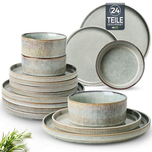 GBhome Service de table en faïence pour 8 personnes, 24 pièces, émaillage réactif, fait à la main, passe au micro-ondes et au lave-vaisselle, saladiers et assiettes, sauge