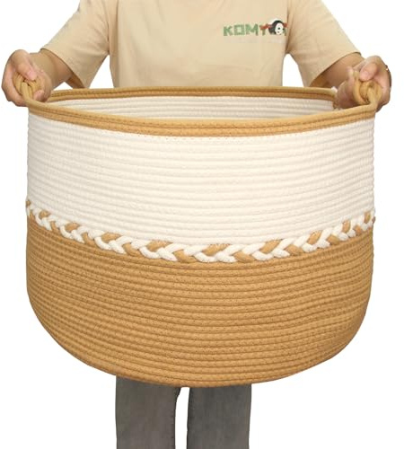 Goodheim Großer Wäschekorb aus Baumwolle XXL, Geflochtener, faltbarer & waschbarer Aufbewahrungskorb für Wäsche, Handtücher mit Handgefertigten Griffen 50x50x33 cm, Gelb&Weiß