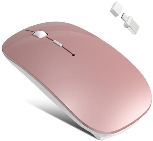 Azmall trådlös Bluetooth-mus 5.2/3.0 och USB-A/typ C 2-i-1-mottagare – roséguld