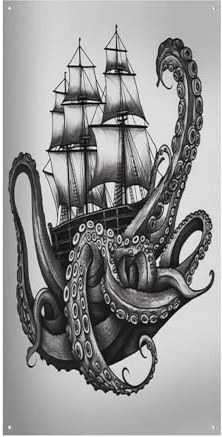 Schwarz-weißer Oktopus und Schiff, Haustürabdeckungen, Willkommens-Türbanner große lustige Hintergrundbanner Dekorationen zum Aufhängen im Innen- und Außenbereich und gute Frühlingsgeschenke für