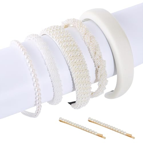 5 Piezas Diademas de Perlas con 2 Horquillas, Diadema Ancha y Fina para Mujer