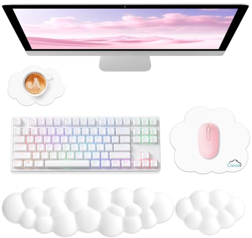 Sushret Memory‑Schaum Cloud Handballenauflage Tastatur‑Set, 4‑in‑1: Ergonomische Tastatur Handballenstütze & Mauspad, rutschfest, für Office, Gaming und Home‑Office, Weiß