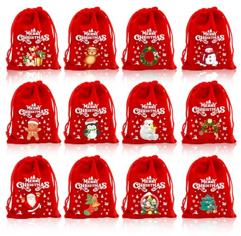 Sacchetti Regalo Natale, 12 pezzi Borsa Natalizia con Coulisse, sacchettini dolci natalizi, sacchettini natalizi piccoli, sacchetto regalo natalizio, sacchetti regalo Natale piccoli (Rosso)