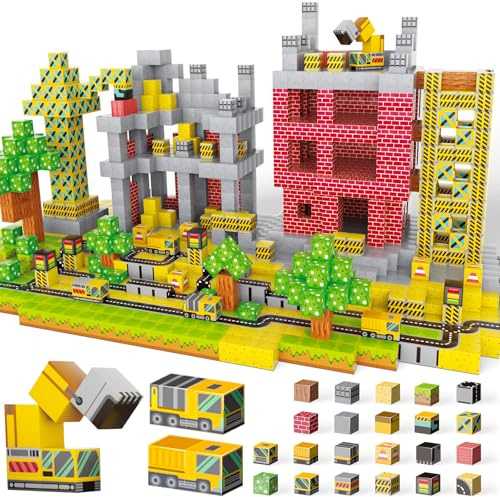 BuzzoXerex Magnetische Bausteine, 2.5CM Magnetbausteine 80 Stück Magnetic Building Blocks mit Bagger Kran Spielzeug Magnetic Tiles Magnetische Bauwelt für Kinder ab 4 5 6 7 8 9 10 Jahre