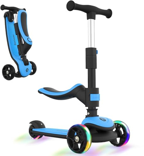 BELEEV A8 Faltbarer 2 in 1 Roller Kinder 3-12 Jahre mit Abnehmbarer Sitz, LED Rädern, Stufenlos Einstellbarer Lenkstange, Rutschfester Deck, 3 Rädern Roller Kinder 6 Jahre Geschenk für Mädchen Jungen