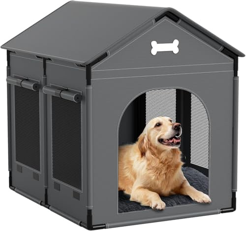 LitaiL Large Dog House Indoor with Plush Cushion, Dog Kennel for Inside with Sturdy Frame, Waterproof Pet House Suitable for Small Medium Dogs, 33.8x26.7x33.8in, Gray