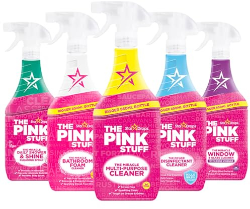 Pink Stuff 5 Piece Household Cleaning Bundle Giftset 850ml Each – Includes Disinfectant Cleaner, Shower & Shine Spray, Window Clean Rose Vinegar, Bathroom Cleaner, Multi Purpose Surface Cleaner