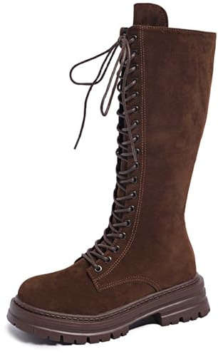 Generisch Botas de ante de moda de pantorrilla media, botines gruesos con cordones de plataforma cómodas, botas de invierno casuales, marrón, 36 EU