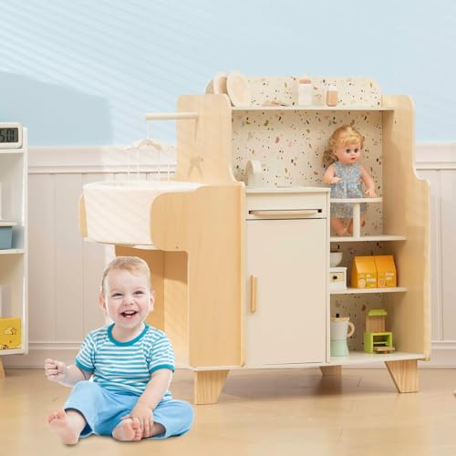 Wooden Doll Changing Station, | Wood Doll Crib with Washing Machine, chalkboard, laundry sink, Storage, Doll Bed for Dolls under 50cm, Gift for Kids Age 3+