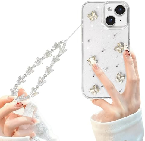 xoniery Clear for iPhone 15 Case with Cute 3D Butterfly Aesthetic Pattern Case for Women Girls with Chain Wrist Strap Soft TPU Bumper Shockproof Protective Slim Anti-Yellow Cover