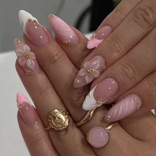 24PCS Press on Nails Medium Almond - 3D Pink French Tip False Nails with Embossed Flower & Gold Bead Designs - Glossy Acrylic Fake Nails with Glue - 12 Sizes Reusable Stick on Nails for Women