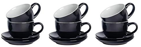 Argon Tableware Black Cappuccino Cups with Saucers - Set of 6-250ml Dishwasher Safe Gloss Stoneware Cappuccino Cups and Saucer Set Coffee Mugs with Handle and Grooved Plate