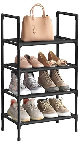 SONGMICS skoställ med 4 hyllor, skostativ, skoförvaring, metallram, hyllor av fiberduk, för hall, sovrum, vardagsrum, 45 x 28 x 80 cm, svart LSR004B02