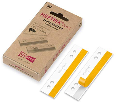 VELOFLEX 2002500 - Heftfix Heftstreifen pure, 105 mm lang, FSC zertifiziertes Papier, selbstklebend, Lochabstand 60 & 80 mm, zum Abheften von Mustern, Zeichnungen, Bildern usw, 50er Packung weiß