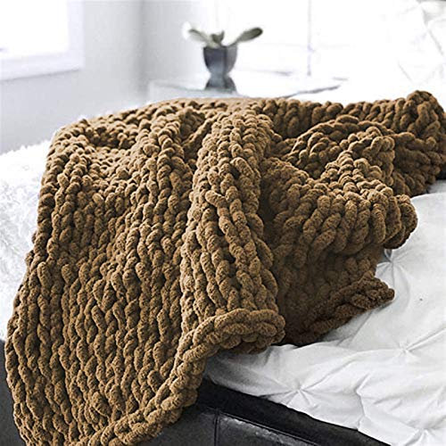 GIBZ Gestrickte Decke Chenille Klobig Garn Arm Handgewebte Überwurf Strickdecke für Haustier Bett Stuhl Sofa Yoga Matte Teppich Heimdekoration, Braun, 50x50cm