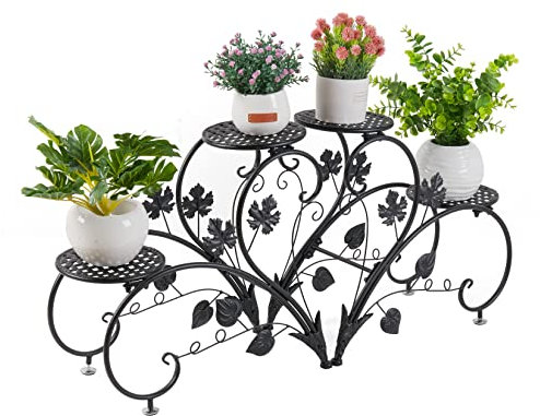 unho Porta vasi Metallico Nero: Porta Piante da interno Portapiante in Ferro Battuto da terrazzo Portavasi Retrò 4 Livelli Stand di Piante Metallo