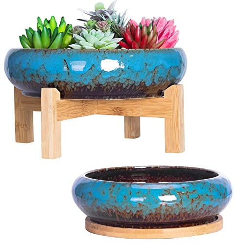 ARTKETTY Maceta para suculentas, Maceta Grande de bonsái de 18,5/25 cm con Bandeja, Juego de 2, macetas Coloridas para suculentas de cerámica para Plantas de Cactus, macetas Decorativas de jardín
