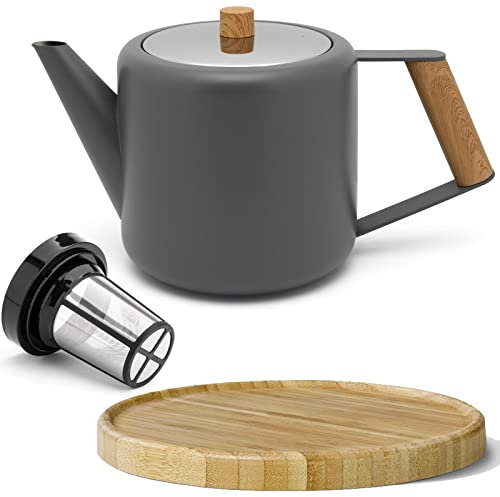 Bredemeijer Teekanne Set 1.1 Liter - Edelstahl doppelwandig Grau - Großer moderner Teebereiter mit Tee-Filter-Sieb-Aufsatz für losen Tee - inkl. Holz-Untersetzer braun