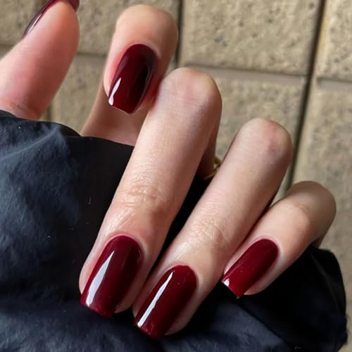 Elevenail Press on Nails Glossy Dark Wine Red False Nails Medium Length Square Fake Fingersnails Daily Manicure Salon DIY Faux Ongles Solid Red Nails Art Tips Gifts for Women Girls