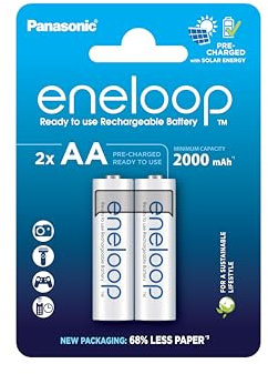 eneloop, batterie ricaricabili AA/Mignon, confezione da 2, capacità di min. 2000 mAh, batterie Ni-MH, pronte all'uso, ricaricabili fino a 2000 volte, confezione senza plastica, standard, bianche