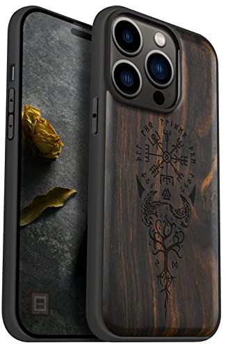 Carveit Holz Cover für iPhone 14 Pro, Dunklesholz-Wikingerkompass | Handyhulle kompatibel MagSafe Massivholz für iPhone 14 Pro Handyhülle Stoßstange Weich TPU Case
