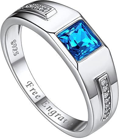 Suplight 925 Sterling Silber Herren Ring mit Zirkonia Spannring 14K Weißgold Solitärring Partnerringe mit Gravur funkelnder Blautopasschmuck Personalisiertes Geschenk 59