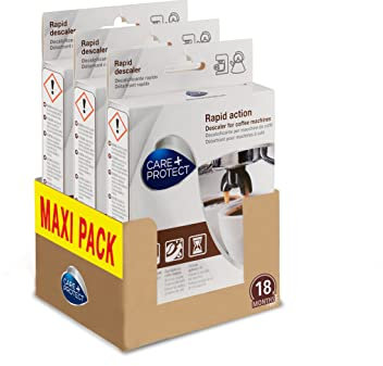 CARE + PROTECT Decalcificante per Macchina da Caffè e Bollitori, Universale, Elimina calcare e residui di Caffè e Tè, 6 Buste Monodose in Polvere *3, Maxi