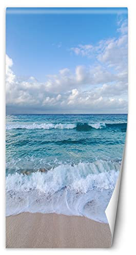 Feeby Türtapete Fototapete Meer Wellen Strand 100x210 cm Türposter Türpanel Vlies Tapete Wohnzimmer Schlafzimmer Kinderzimmer Büro Wasser Sand Wolken Blau