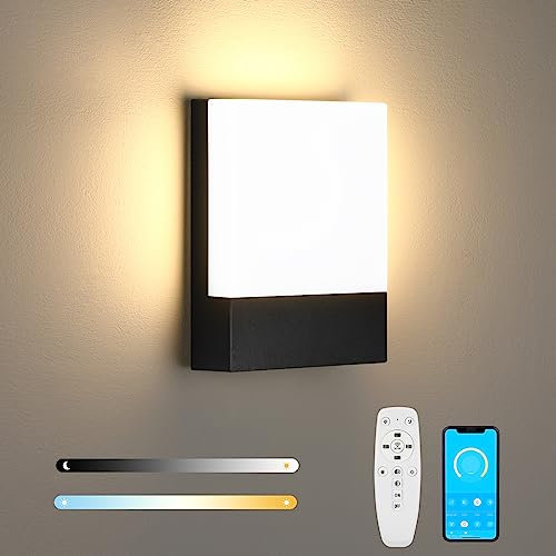 Lightsjoy Lámpara de Pared Exterior Impermeable IP65 Negro Apliques de Pared 2.4G Control Remoto APP LED Aplique Exterior Pared para Jardines Pasillo Terraza, 1800Lumen-2700K-6500K