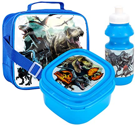 TDL Jurassic World Dinosaurs Insulated 3 Piece Lunch Bag, Sandwich Box & Bottle Set for School & Travel