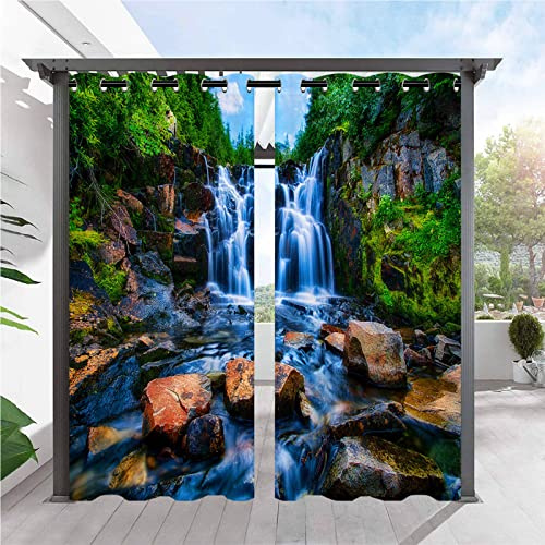 ANHOPE Rideaux D'extérieur Imperméable Rideaux Extérieur avec Oeillet Rideau Imprime Nature Paysage Cascade Rivière Rideau pour Jardin Pergola Terrasse Balcon 132L X 214H cm (2 Panneaux)