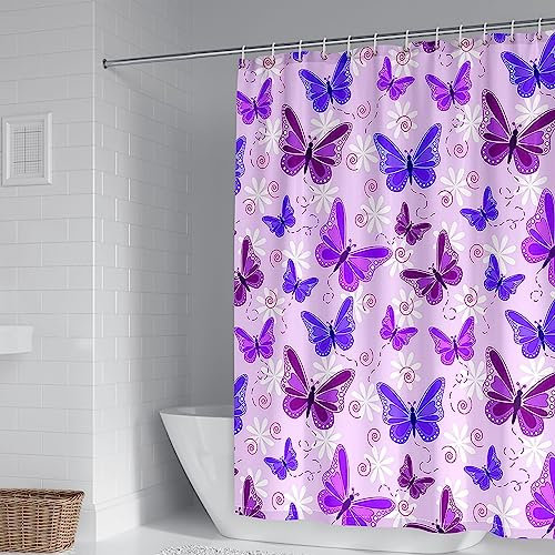 Banemi Duschvorhang 180X200, Duschvorhang Polyester Weiß Lila Schmetterlinge und Blumenmuster Haushaltsduschvorhang