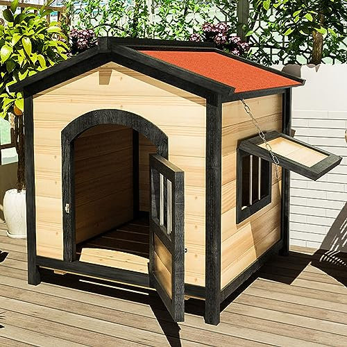 Hundehütte aus Massivholz mit Sonnenblende mit Türen und Fenstern, leicht zu reinigen und zu installieren, einfaches Hundehaus für den Innen- und Außenbereich (Log-Farbe XL)