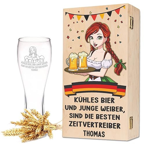 Leonardo Vaso de trigo con grabado – cerveza fría y joven mujer – Personalizado con nombre incluye caja de madera – Regalo con Schankmaid para los amantes de la cerveza en Oktoberfest – Regalos para