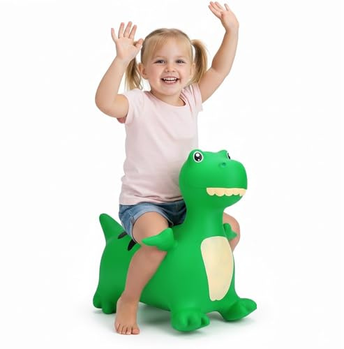 CURVASO Aufblasbarer Hüpfhüpfer, Tier, zum Aufsitzen, lustiges Spielzeug, Einhorn, Esel, Pferd, Dinosaurier, Bulle, Teddybär, für Kinder, Erwachsene, Kinder, Fitness, Pumpe (grüner Dino (PA7041))