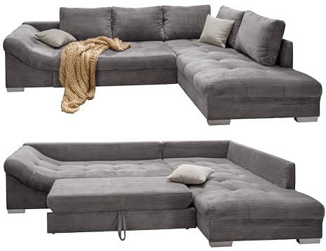 luma-Home 17201/ Ecksofa mit Schlaffunktion, Ottomane rechts, Grau | B298/T202/H84 cm, Wellenunterfederung, Longchair mit 2 Zierkissen in Beige, Cord-Bezug