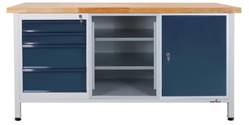 Steinbock Werkbank mit 4 Schubladen, 2 Regalböden und Tür | 500 kg Tragkraft | HxBxT 84 x 170 x 60 cm | 4 cm Starke geölte Massivholz-Arbeitsplatte | stabiles Stahlgestell | Made in EU | Werktisch