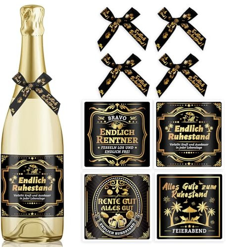 HOWAF 4 Aufkleber Flaschenetikett Endlich Rentner, Ruhestand Flaschenetikett Ruhestand Geschenk Renteneintritt Geschenk Frau Männer Aufkleber Endlich Ruhestand Schleife Rente Geschenke zum Ruhestand