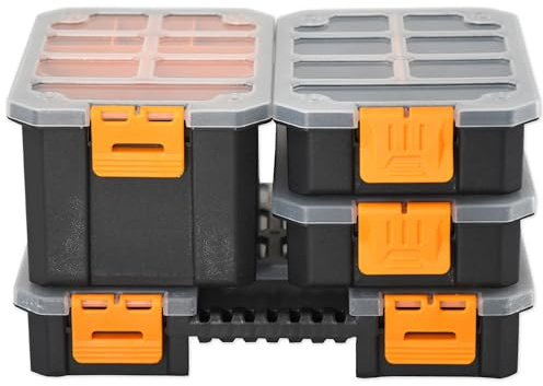 Kleinteile Organizer Set 4-teilig Sortimentskasten stapelbar | Werkzeug Kleinteilemagazin Box SET mit 30 Innenfächer herausnehmbar und verstellbar - Werkzeugbox mit transparentem Deckel