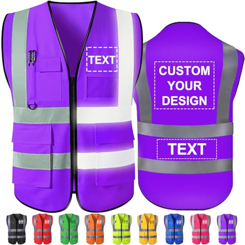 Custom Safety Vest High Visibility Reflective Vests with Pockets Zipper Personalised Logo Class 2 for Men Women Construction Security Workwear