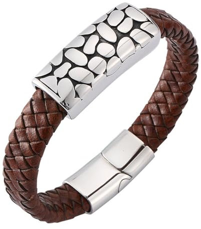 Bishilin Herren Armband Leder Braun 16.5CM, Partner Armbänder Personalisiert Schilde mit Gepunkt Lederarmband Männer Gravur Magnetverschluss