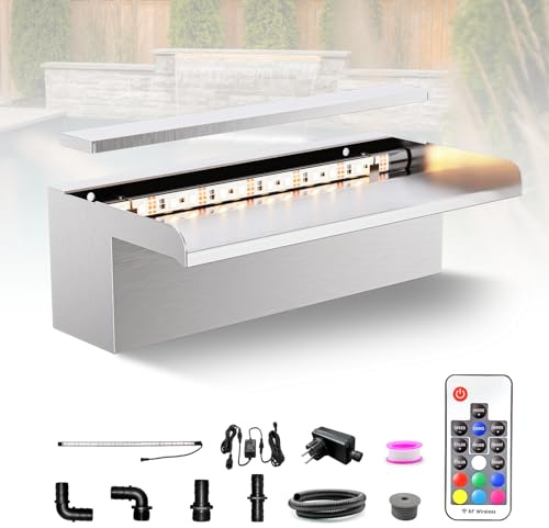 LONGRUN 30cm Teich Wasserfall Set, 304 Edelstahl Pool Wasserfall Brunnen mit RGB LED und Fernbedienung, Breite 15cm