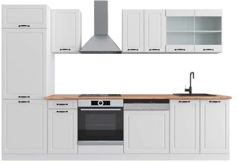 Vicco Küchenzeile R-Line, Weiß Landhaus/Weiß, 300 cm | 8 Module · Höhenverstellbare Füße · AP Eiche inkl. · MDF-Fronten · Mit Kühlschrankumbauschrank · Frei kombinierbar