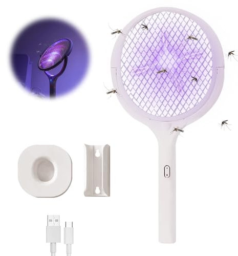 Lotvic Elektrische Fliegenklatsche, Rotierender Kopf Fliegenklatsche Elektrisch, 6 in 1 Wiederaufladbar Mückenklatsche Elektrisch mit UV Mückenlampe, Teleskoplängerung und Sockel für Drinnen Draußen