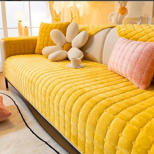 LHKXKKXX Samt Sofabezug 1 2 3 4 Sitzer, Sofaschoner Antirutsch Sofa Cover l Shape, Sofa bezug Set Sofa überzug Ecksofa Couch überwurf sofaüberwurf, Sofa überwurf Couch überzug L Form,Gelb,110x180cm